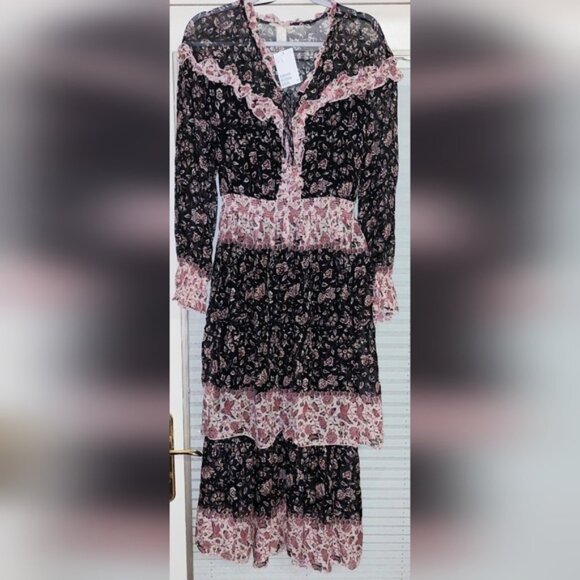 H&M Dark Floral Dress Black Red Tier Maxi Ruffle Long Sleeve Prairie - Picture 3 of 7